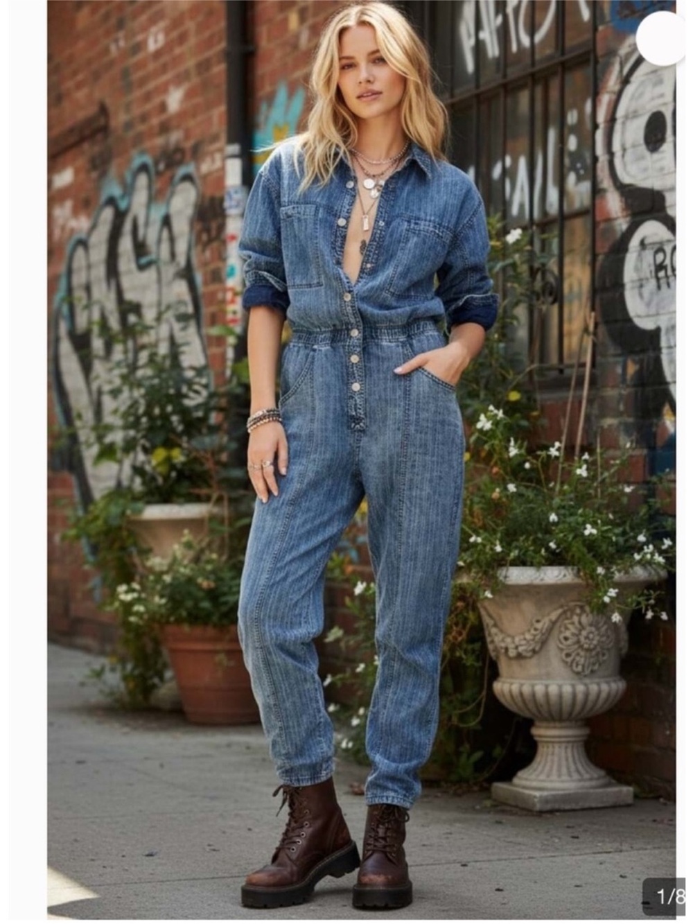 We The Free People Ari Jumpsuit Blue Pinstripe Denim Blue Collar Workwear Pocket